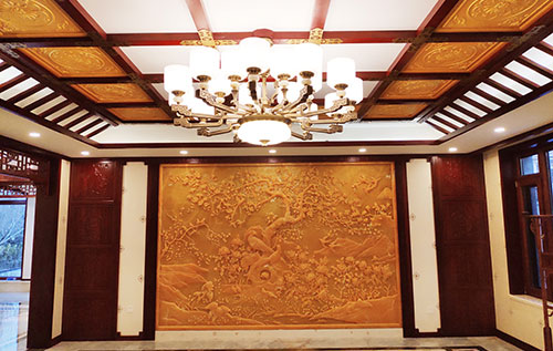 公坡镇中式别墅客厅中式木作横梁吊顶装饰展示